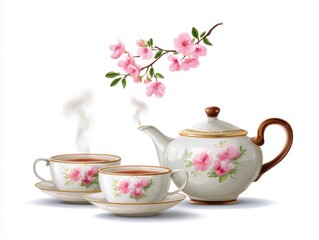 Fototapeta premium A delicate teapot with floral designs, accompanied by two steaming cups of tea, set against a minimalist background adorned with cherry blossoms.