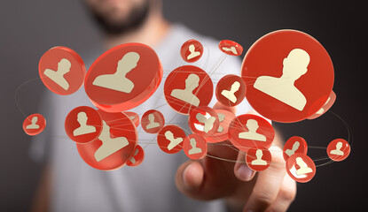 Abstract hand interacts with network of connected user icons, symbolizing social connection or digital network. Represents technology, collabora