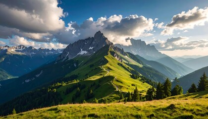 Fototapeta premium Sunlit mountain range, verdant slopes, winding path, dramatic sky