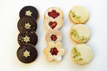 Sandwich cookies of various shapes or filling. More variation of cookies from one dough