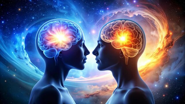 Heads in profile with glowing brains against a cosmic backdrop convey a sense of connection and mental activity, neural network