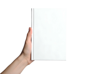 A human hand gripping a closed hardcover book with a plain white cover on a dark background