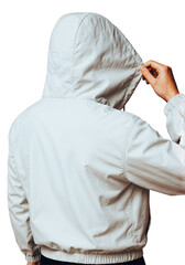 transparent Close-up of Beige Hoodie - Young man wearing a green hooded sweatshirt, looking to the side with a hand on his chest of mockup