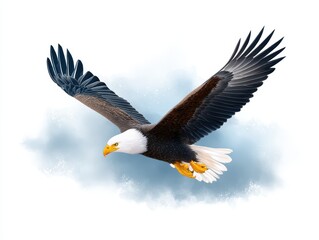 Obraz premium A majestic bald eagle soars gracefully against a soft blue background, showcasing its powerful wings and striking features.