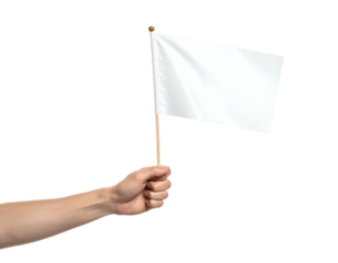 A hand firmly grasps a wooden stick holding up a white, rectangular flag against a black background