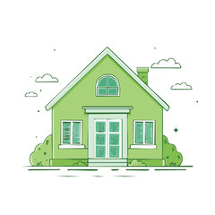 Green house illustration with bushes, clouds, and a chimney on a white background