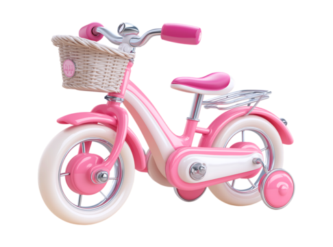 Charming Pink Kids Bike with Wicker Basket and Training Wheels (3D Render) isolated on a transparent background