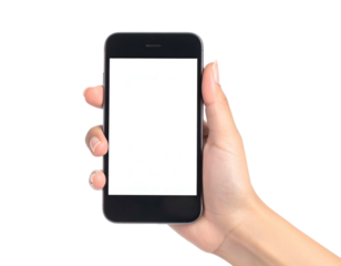 A human hand holds a black smartphone with a blank, bright white screen