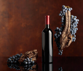 Bottle of red wine with a weathered snag and blue grapes on a brown background.