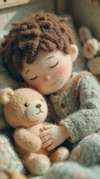 Doll sleeping with teddy bear portrait