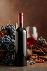 Bottle of red wine with blue grapes on a brown background.