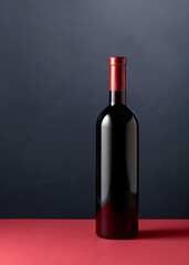 Bottle of red wine on a red table.