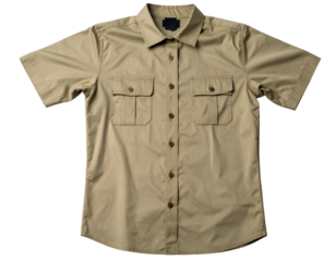 Tan, short-sleeved button-down shirt with two chest pockets, set against a black background