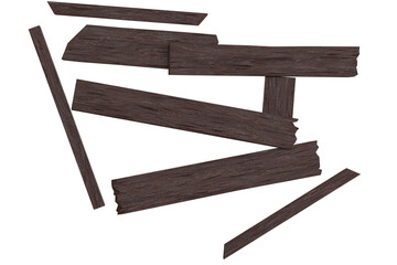 A chaotic cluster of dark, weathered wooden planks and fragments, some overlapping, creating a...