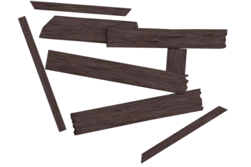 A chaotic cluster of dark, weathered wooden planks and fragments, some overlapping, creating a distressed, broken texture against a black backdrop