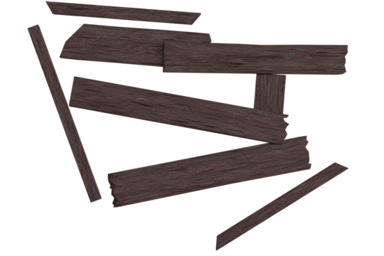 A chaotic cluster of dark, weathered wooden planks and fragments, some overlapping, creating a distressed, broken texture against a black backdrop