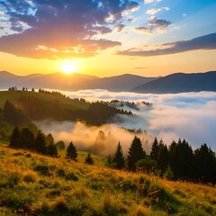 Sunrise over misty mountain valley,  golden hour light bathes rolling hills and evergreen forests