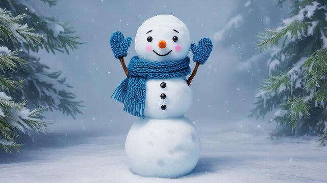 Whimsical Waving Snowman with Blue Scarf | Festive Winter Forest | Digital Illustration