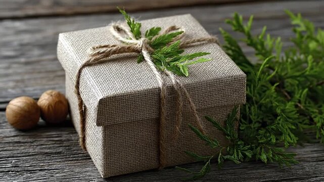 A burlapwrapped gift box with twine garnished with greenery and walnuts sits on weathered wood