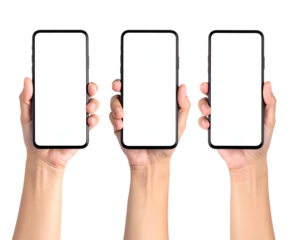 Three hands holding smartphones with blank screens against a black background