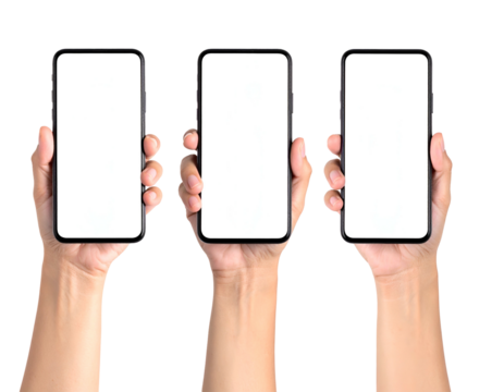 Three hands holding smartphones with blank screens against a black background - Powered by Adobe
