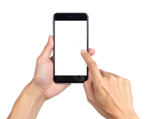 A person holding a modern mobile phone with a blank screen, their finger touching