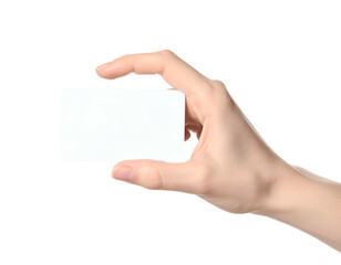 Obraz premium Close-up of a hand holding a blank white card against a black background (1)
