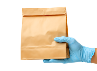 Safe Delivery: Hand in Blue Glove Holding Blank Brown Paper Bag isolated on a transparent background