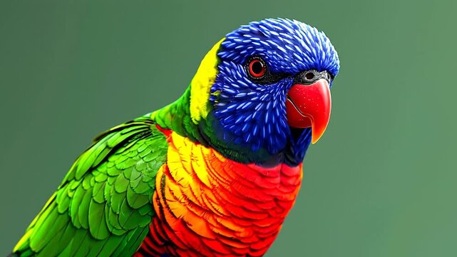 Vibrant Close-up Portrait of a Colorful Rainbow Lorikeet Parrot with Bright Feathers and Beak Against a Soft Green Background