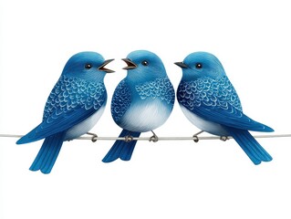 Fototapeta premium Three vibrant bluebirds perched on a wire, animatedly chirping to each other, showcasing their detailed feathers and lively expressions.