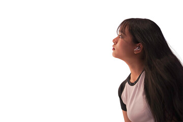 Portrait of young girl looking forward on a white background in the studio.