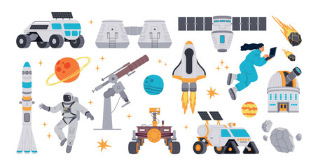 Cartoon space exploration items. Cosmos adventure elements, scientific research, astronomy objects, rocket, telescope, planets, vector set