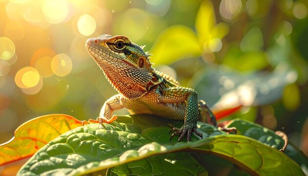 Oriental Garden Lizard basking in sunlight on a leaf.
