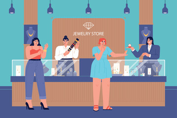 Customers in jewelry store. Happy women trying on rings and bracelets, glass display cases, gold, silver and gemstones, vector illustration