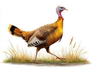 Fototapeta premium A colorful, detailed illustration of a turkey walking through grassy terrain, showcasing its unique feathers and features.