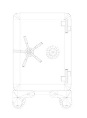 Vintage blueprint of a safe with wheels, featuring a detailed wireframe view of the vault door, handle, and lock mechanism.