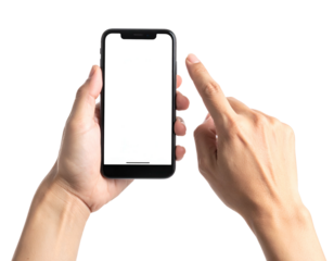 Person holding a black rectangular device with white screen, touching with finger