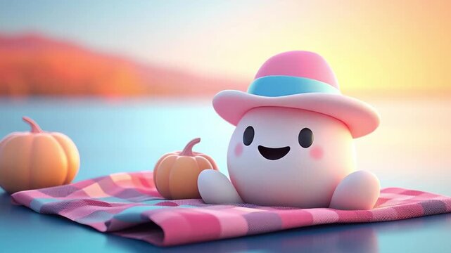 Cute cartoon character pastel hat enjoying autumn picnic near pumpkins on checkered cloth with soft drink bakery composition warm light mood