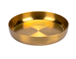 A round, golden bowl with a wide, shallow interior, sitting on a black background