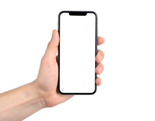 A close-up of a hand holding a mobile phone with a blank white screen against black