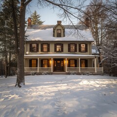 Exterior of a snow-covered house in winter, showcasing classic American style surrounded by pristine white snow