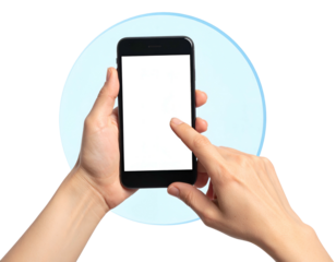 Hands holding smartphone with blank screen for interaction