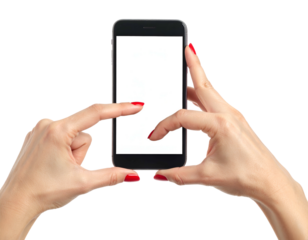 Human hands framing a smartphone with a blank screen on a black background