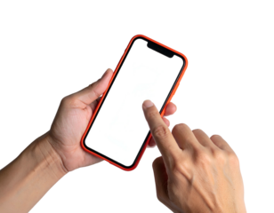 Close-up view of hands holding a smartphone with a blank white screen, touching it