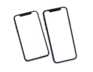 Two angled, modern smartphones with bright white screens against a stark black background