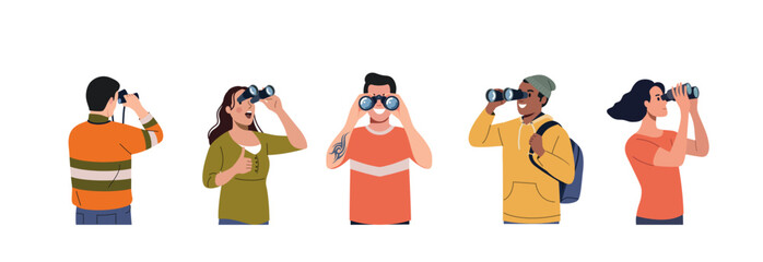 Young women and men from different angleslooks forward through binoculars. Vector illustration in a flat style.