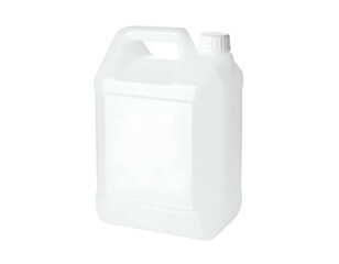 A white, plastic container with a handle and screw-on cap. Isolated on a black background
