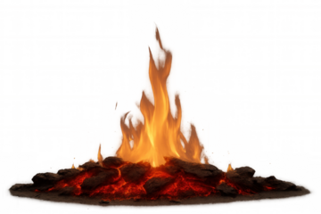 Burning campfire creating warmth and light. Glowing red embers under bright orange flames on a transparent background