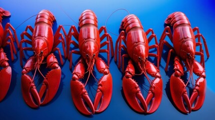 Four vivid red lobsters neatly aligned on a striking blue backdrop, showcasing their rich color