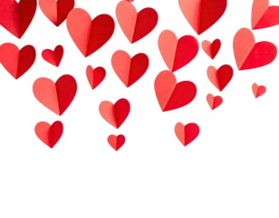 Overhead view of many folded red paper hearts on a solid black background